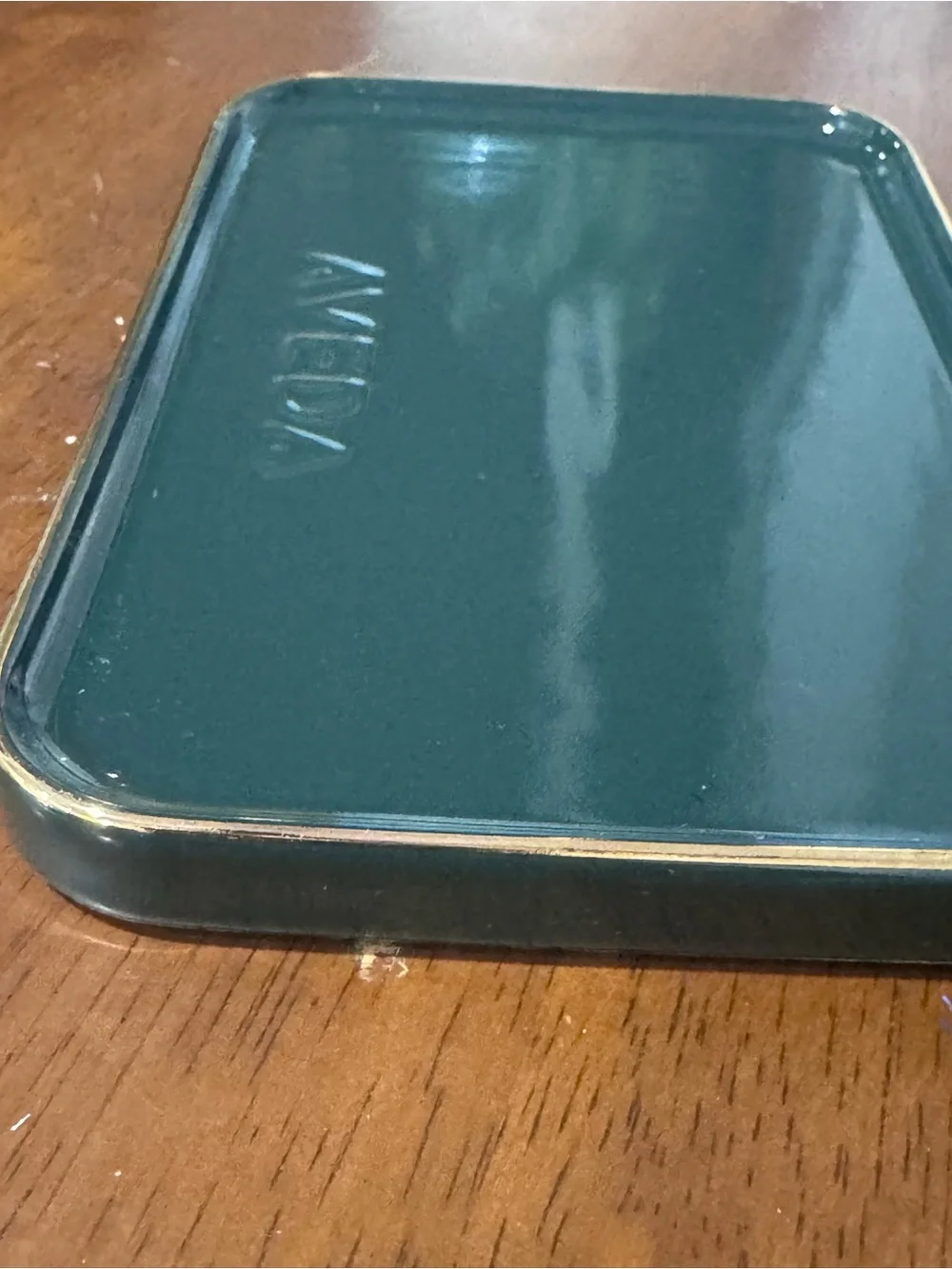 AVEDA bar soap or trinket dish Dark Green Metal Tray with Gold Edge